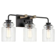 Kira Home Orson 22" 3-Light Farmhouse Vanity / Bathroom Light + Cylinder Glass Shades, Smoked Birch Wood Style + Black