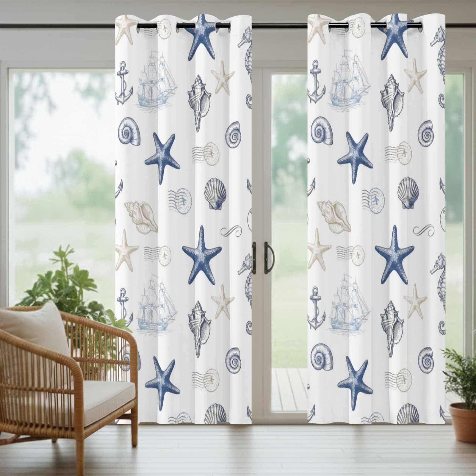 Summer Blue Starfish Outdoor Curtains for Patio, Seahorse Shell Conch Nautical Ship Anchor Sunshade Privacy Drapes Grommet Waterproof Outside Curtains for Porch/Cabana/Balcony 54"x 108", 1 Panel