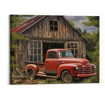 Creowell Farmhouse Truck Wall Art, Old Truck Wall Art, Farmhouse Canvas Wall Art, Vintage Red Truck Pictures Wall Art for Country Wall Decor, Rustic Farmhouse Wall Painting for Living Room 20x16 Inch