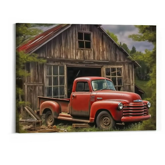 Creowell Farmhouse Truck Wall Art, Old Truck Wall Art, Farmhouse Canvas Wall Art, Vintage Red Truck Pictures Wall Art for Country Wall Decor, Rustic Farmhouse Wall Painting for Living Room 20x16 Inch