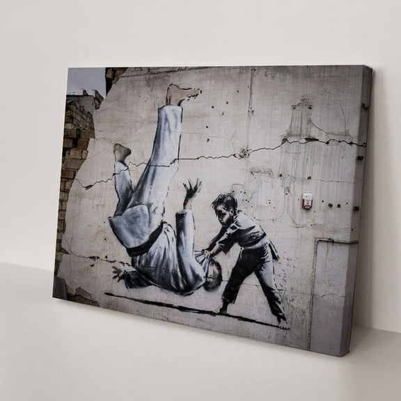Banksy Judoka 3D Canvas, Handmade Gift, Painting Poster, Judoka Graffiti Wall Hanging, Banksy Boy Art Canvas, 3D Canvas, Decor Canvas(12" W x 8" H,Framed)
