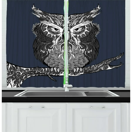Navy And Grey Curtains Indie Curtains 2 Panels Set, Owl with Vintage Style Ornaments Wisdom Symbol Creature of Night, Window Drapes for Living Room Bedroom, 55W X 39L Inches, Dark Blue Charcoal Grey White, by Ambesonne ()