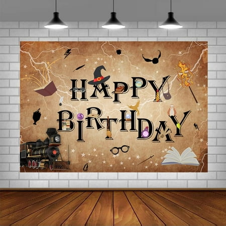 Image of Wizard Happy Birthday Party Backdrop Magical Wizard School Birthday Background Boys or Girls Birthday Party Decor Cake Table Banner 5x3ft