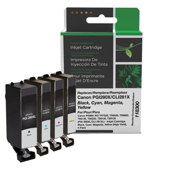 Remanufactured Clover Imaging High Yield Black, Cyan, Magenta, Yellow Ink Cartridges compatible with Canon PGI-280XL/CLI-281XL 4-Pack