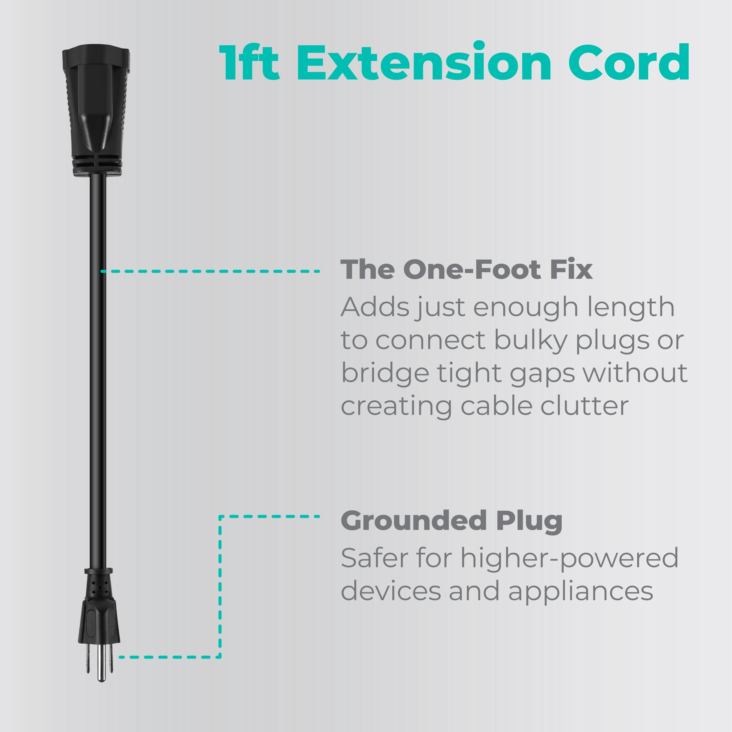 KMC Short Extension Cord 10-Pack, 1-Foot, 16/3, Outlet Saver, Black