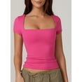 thumbnail image 2 of Bslissey Women's Fashion Solid Color T-shirt Short Sleeve Square Neck Pullovers Ladies Slim Fit Summer Blouses Tops Streetwear for Casual Daily S M L XL, 2 of 6