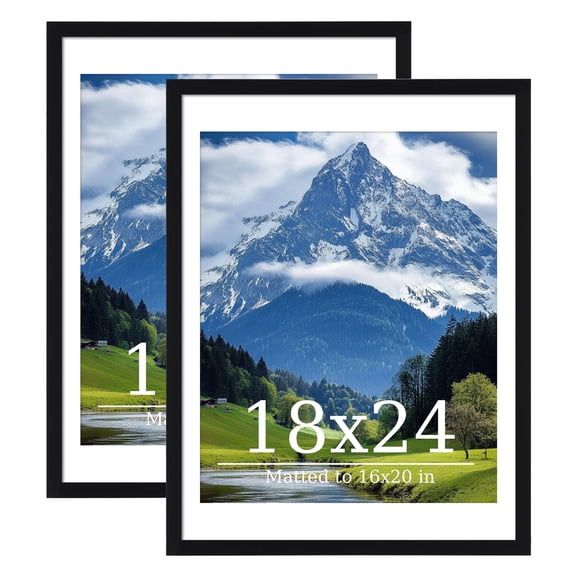 Postrame 18x24 Picture Frame 2 Pack, Black Poster Frame Display Pictures 16x20 with Mat or 18 x 24 Without Mat