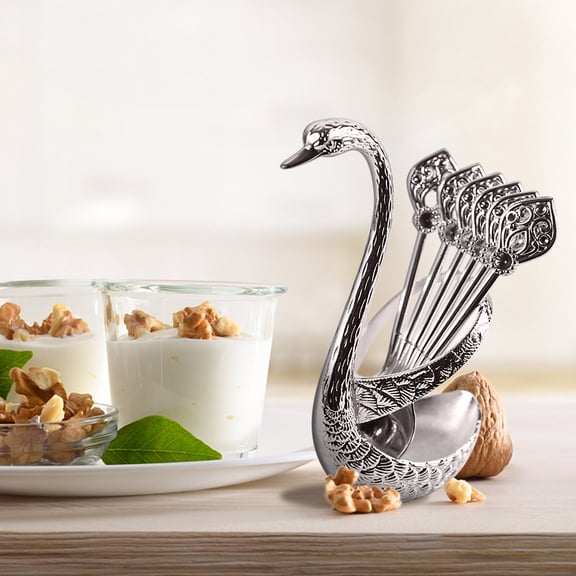 Swan Shaped Coffee Spoon Set,6 Pcs Stainless Steel Dessert Spoons with Swan Holder,Elegant Stirring Spoon for Home Bar,Parties
