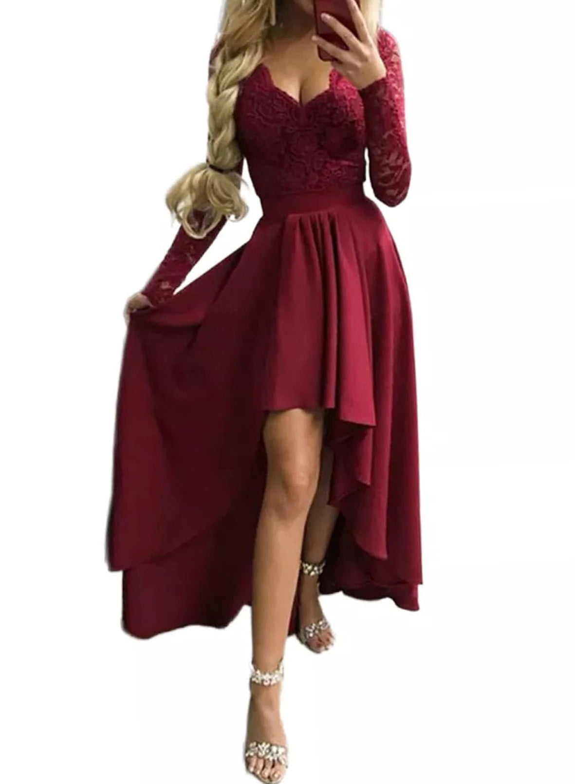 Dokotoo Women's Red Prom Dress Cocktail Party Dress Lace High Low Swing