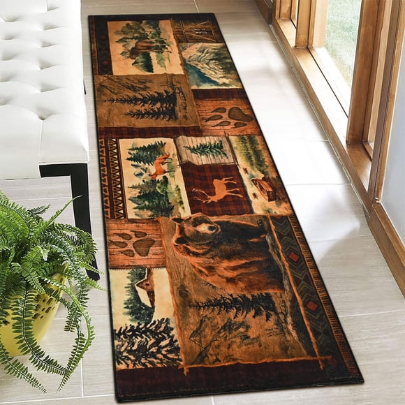 ASPMIZ Rustic Cabin Rug 2x7 Runner, Lodge Bear Moose Deer Runner Rug for Hallway, Southwestern Wildlife Washable Hall Carpet Runn