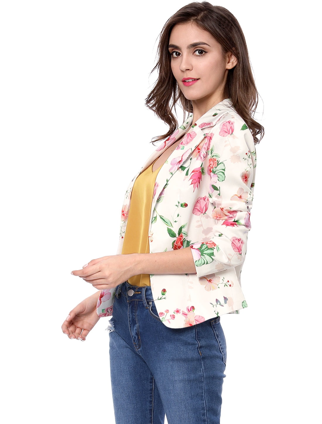 DARING DIVA Women's Elegant Notched Lapel Floral Print Blazer 2XL White-Floral