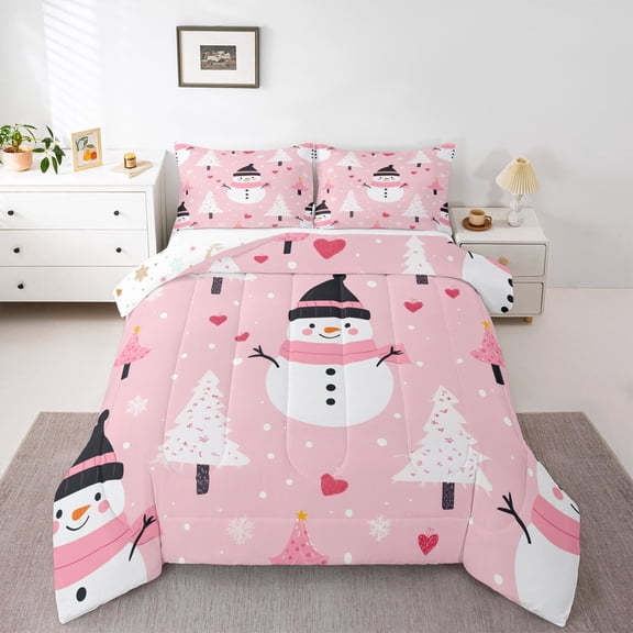 Manfei Christmas Snowman Child Bedding Comforter Set, Rustic Farmhouse Tree Twin Comforter Sets, Kawaii Love Heart Reversible Bedding Set, Luxury Bedroom Decor, 2 Pieces