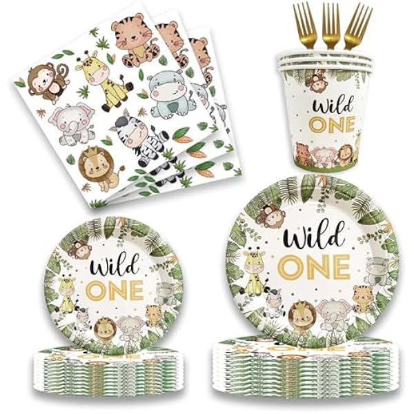 wonima02 Safari Party Supplies, Baby Shower Plates and Napkins Set, Jungle Oh Baby Paper Plates, Cups, Napkins and Cutlery for Safari Birthday Decorations, Baby Shower, Jungle Themed Parties Serves 24