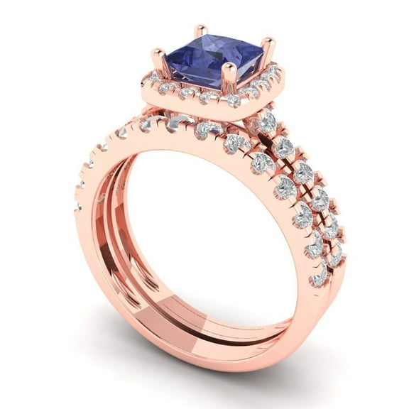 Clara Pucci 18K Rose Gold 1.56 Simulated Tanzanite Engraveable Engagement Ring Wedding Band Set