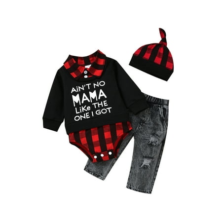 

BrilliantMe Kids Baby Boys Plaid Long-sleeved Jumpsuit Elastic Trousers Knotted Hat 3pcs Outfits Set Black 18-24 Months