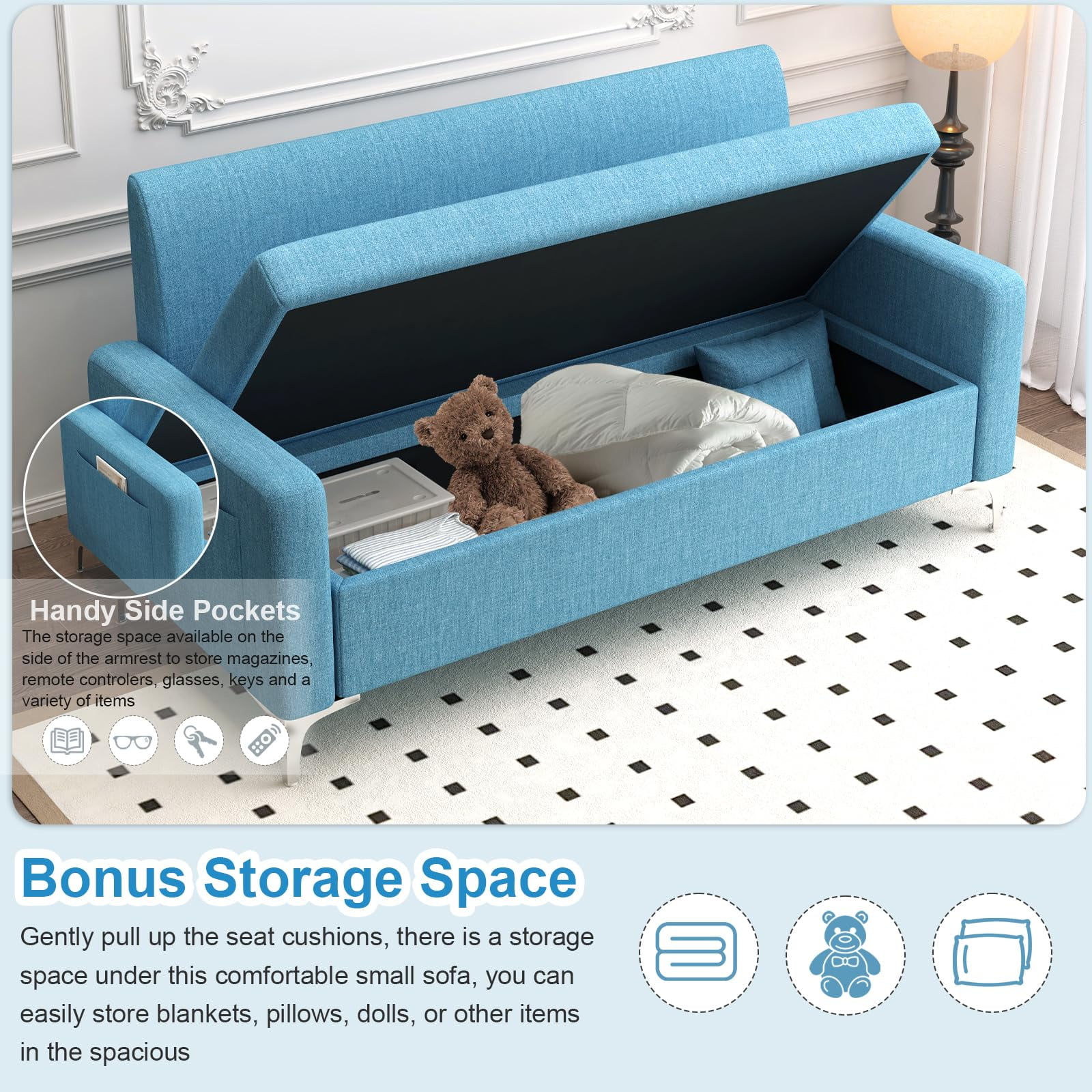 57" Multi-functional Storage Loveseat Sofa,Upholstered 2 Seat Sofa with Side Pockets for Living Room, Bedroom, Office, Small Space,Blue