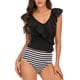 thumbnail image 1 of Traje de baño de 2 piezas con volantes, cuello en V, tirantes, cintura alta, breve, traje de baño ajustado, traje de baño elástico y transpirable, rayas negras M, 1 of 5