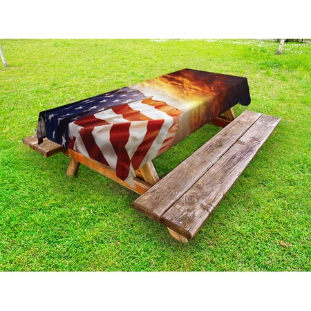 American Flag Photo (American Flag Outdoor Tablecloth, Flag in front of Sunset Sky with Horizon America Union Idyllic Photograph, Decorative Washable Fabric Picnic Table Cloth, 58 X 84 Inches,Multicolor, by)