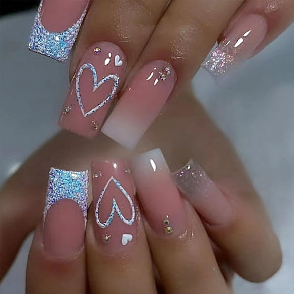 Valentines Press on Nails Medium Glitter Sequins French Tip Pink Gradient Fake Nails Square Acrylic Nails Press ons Heart Glossy Stick Glue on Nails Valentine’s Day French Nails 24Pcs
