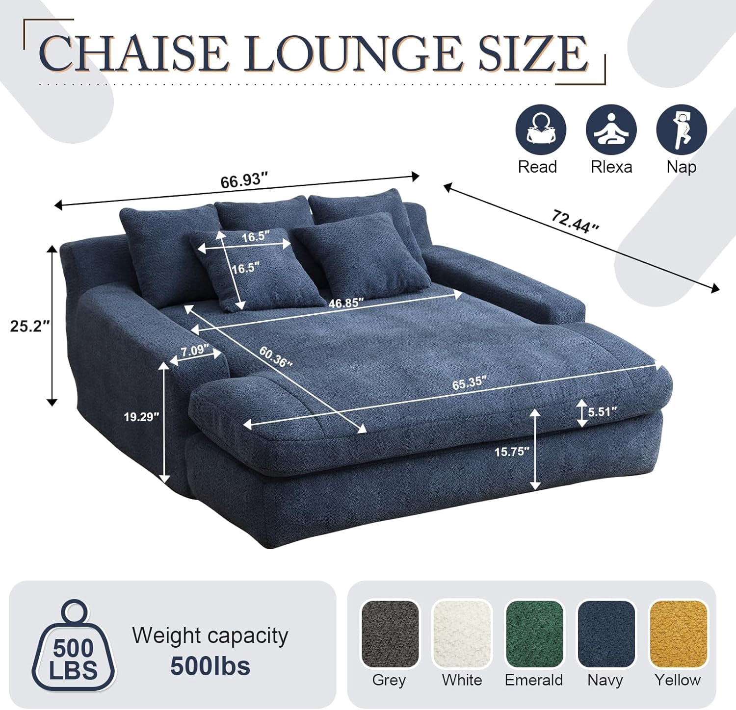 AENKYO Queen Size Sleeper Sofa Bed, Deep Seat Chaise Lounge w/5 Pillows,Space-Saving Multi-Functional Chenille Couch for Apartment Living - Blue