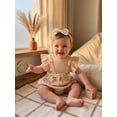 thumbnail image 6 of BemeyourBBs Newborn Baby Girl Summer Clothes Cotton Linen Outfit Infant Bubble Romper Cute Floral Bow Print Fake Two Pieces Flutter Sleeve Bodysuit Jumpsuit Playsuit with Headband, 6 of 9