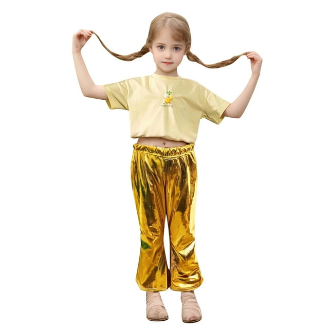 FAOWME Pantalon Évasé Lumineux pour Enfant Danse Folk Dance Queue de Poisson Or 7-8 Ans