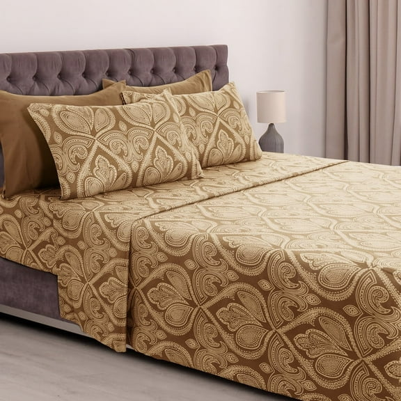 Lux Decor Collection Paisley Printed Queen Bed Sheets Set, 6 Piece Microfiber Sheets, Fitted Sheet, Flat Sheet, 4 Pillowcases - Brown