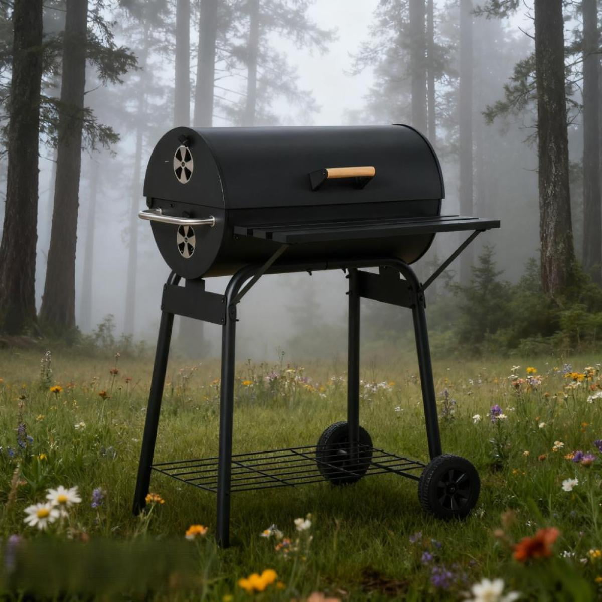 30 Inch Portable Charcoal Barbecue Grill with Wheels 2 Level Cooking Grates Adjustable Charcoal Tray and Storage Shelves for Outdoor Camping Patio Backyard