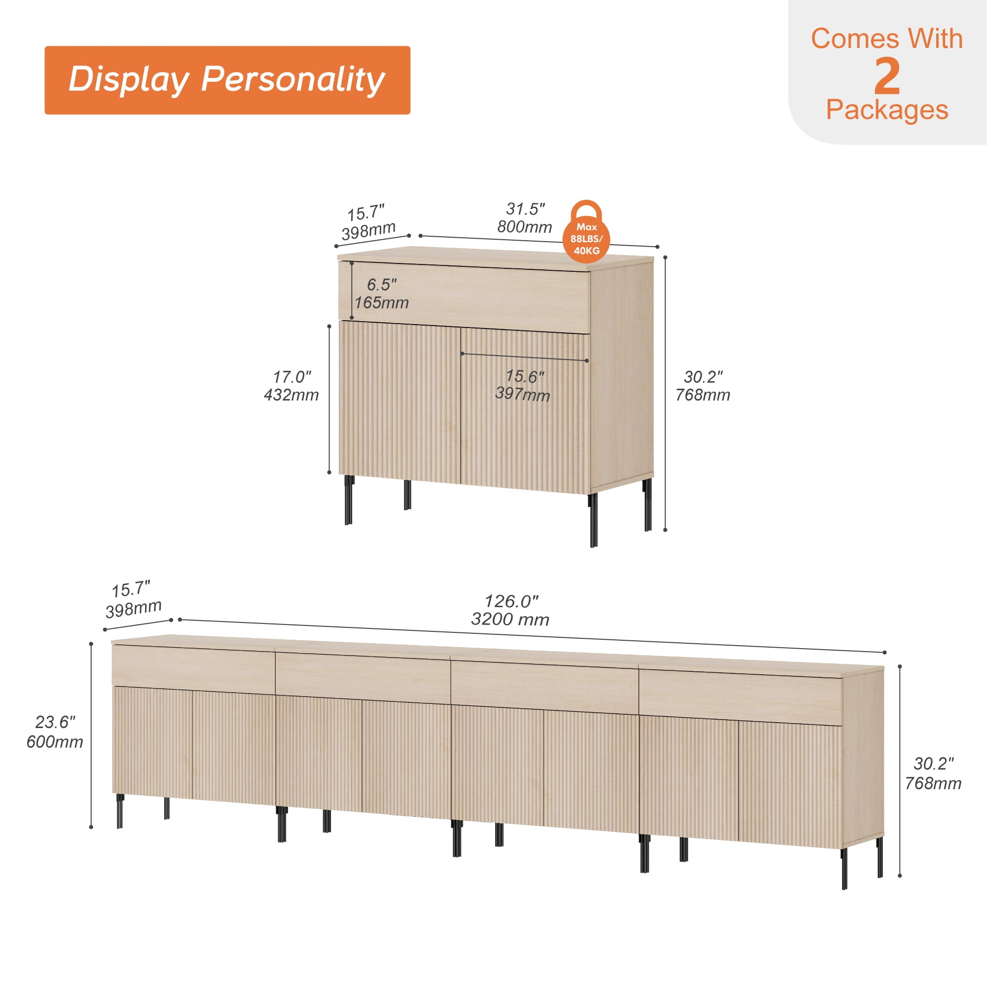 126" Long Modern Reeded TV Stand with Doors, Entertainment Center with Shelf, Wooden TV Console with Drawers for Living Room