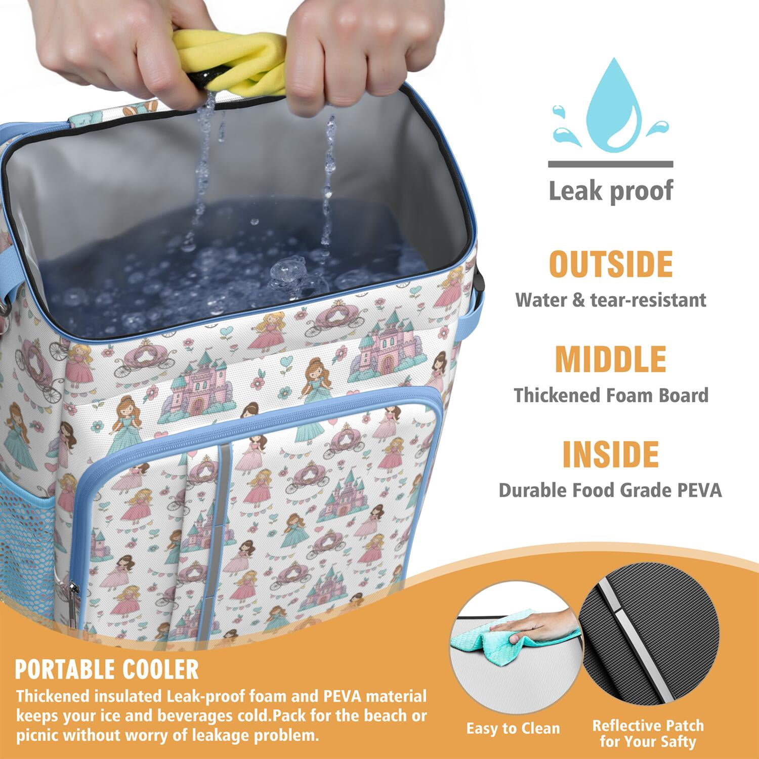 Travel Cooler Bag - White Princess Castle Pattern Camping Beer Cooler Backpack with Bottle Opener- Waterproof Insulated Picnic Backpacks - Cooler Bag for Beach