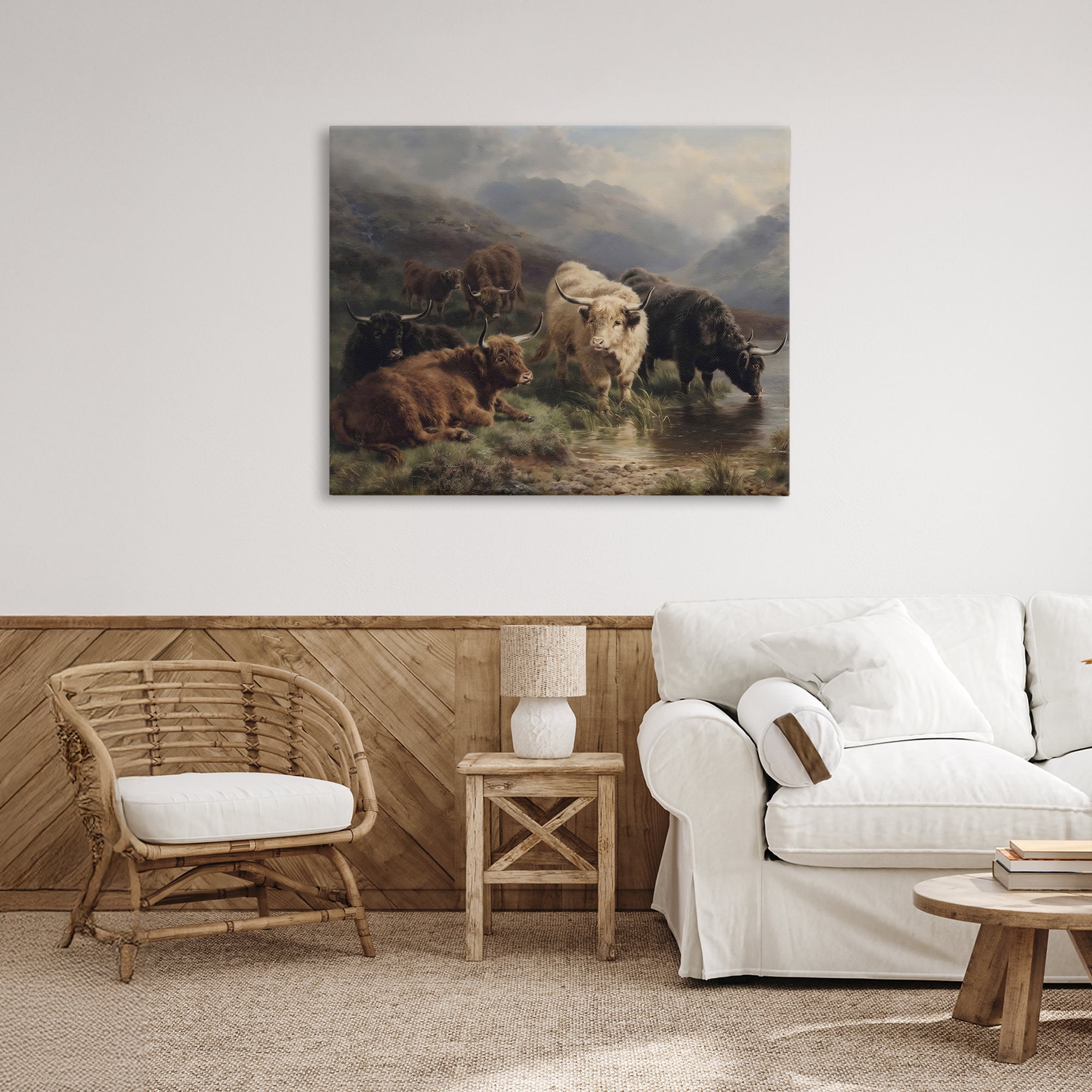 Stupell Industries Highland Cows Beside Misty Loch Canvas Wall Art, design by Arlington Prints