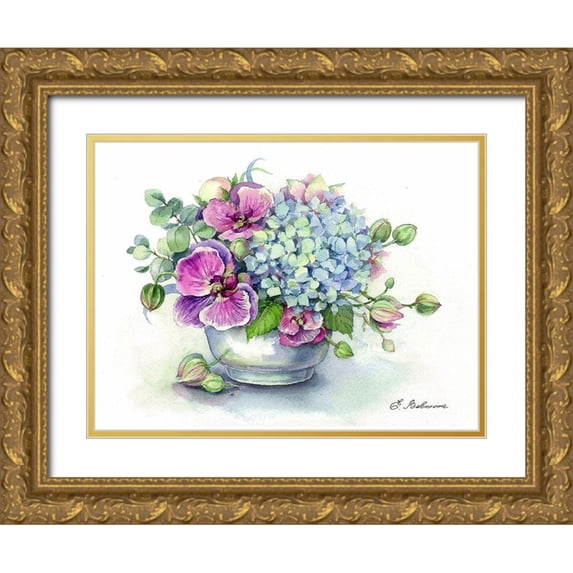 Vavilina, Elena 24x19 Gold Ornate Wood Framed with Double Matting Museum Art Print Titled - Flowers Bouqet in Pot
