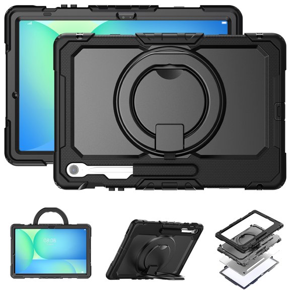 For Samsung Galaxy Tab S10 FE Plus Case 13.1 inch, 360 Rotating Shockproof Cover with Stand, Handle, Shoulder Strap (SM-X620/X6266), Black