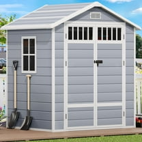 Wooflex 6.7 x 5.6 x 4 ft Resin Storage Shed with Floor, Air Vent, Window, Lockable Double Door, Waterproof Garden Tools, Pool Organizer, Plastic Utility Building, Light Gray
