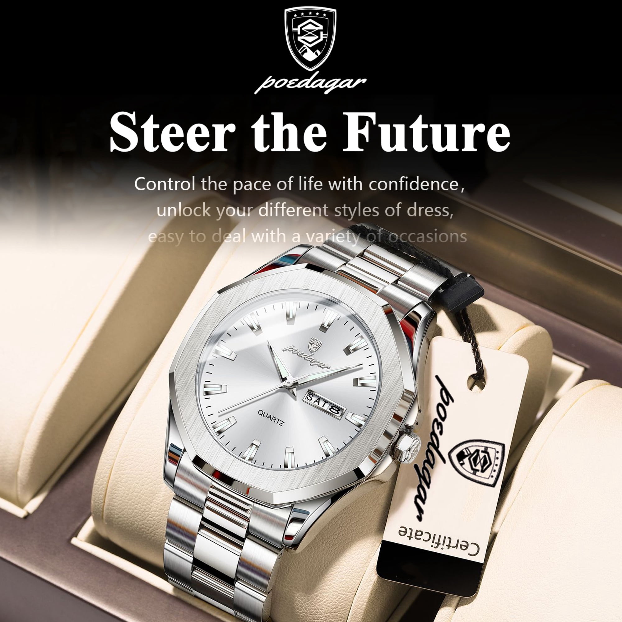 POEDAGAR Business Waterproof Quartz Watches for Men with Date Display Stainless Steel Band