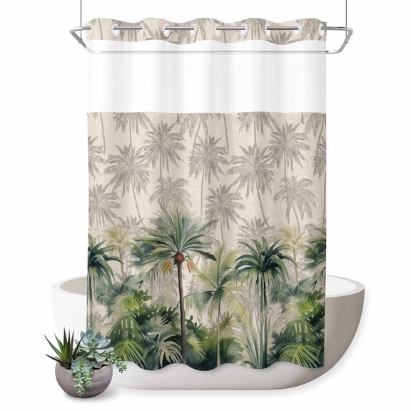 No Hook Shower Curtain for Bathroom, Summer Tropical Leaves Waterproof Hotel Quality Shower Curtains, Green Palm Trees Botanical Single Layer & Mesh Top Washable Fabric Bath Curtain Decor 48''x72''