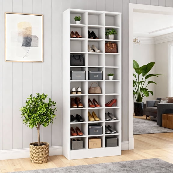 KIOOTTO 25.6" White 10-Tier 30-Cubby Shoe Storage Cabinet – Modern Shoe Rack Organizer