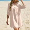 thumbnail image 2 of Fesfesfes Women's Tassel Hem Beach Cover Up Button Down Shirt Dress Oversized 3/4 Sleeve Swimsuit Cover Up Vacation Resort Wear Summer Bikini Beach Dress, 2 of 7