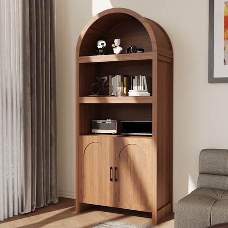 71" Tall Arched Bookcase Cabinet - 5-Tier Mid Century Modern Storage Cabinet with Fluted Doors - 3 Open Display Shelves & Adjustable Shelf - Office, Dining Room, Living Room, Kitchen - Brown