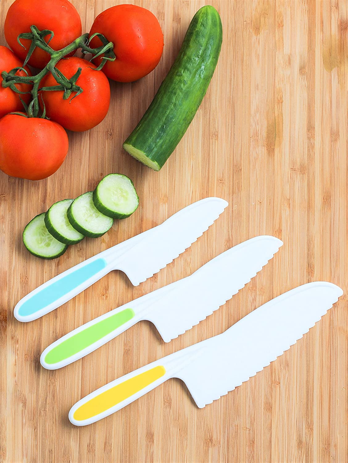 Nogis 3Pcs Kids Plastic Knife Set,BPA-Free Children's Safe Cooking Knife  Set (Ages 4-12)&Cutting Board for Fruit,Salad