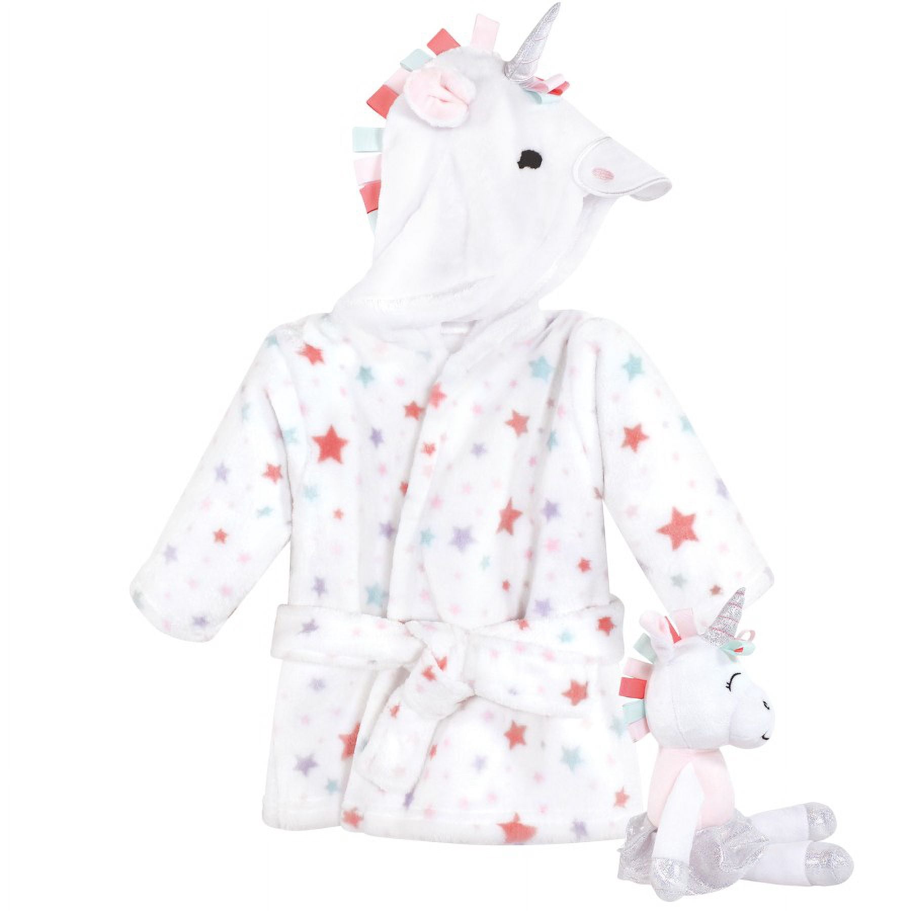 Hudson Baby Infant Girl Plush Bathrobe and Toy Set, Rainbow Unicorn, One Size