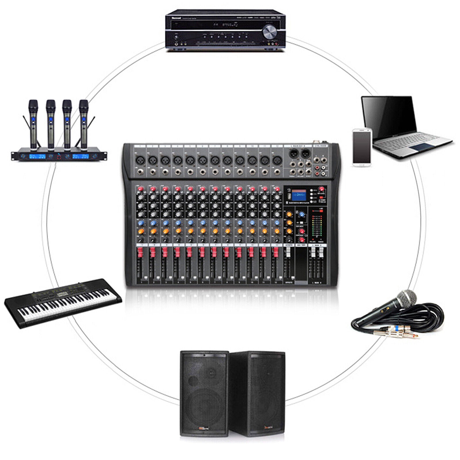 Flkoendmall 12 Channels Audio Mixer Bluetooth USB DJ Sound Mixing Console Studio