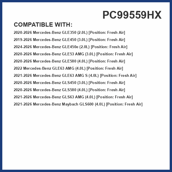 PUREFLOW PC99559HX HEPA Cabin Air Filter | Fits 2020-2026 Mercedes-Benz GLE350 2.0L, GLS450 3.0L, GLE53 AMG 3.0L, GLS580 4.0L, GLE580 4.0L; 2019-2026 GLE450 3.0L