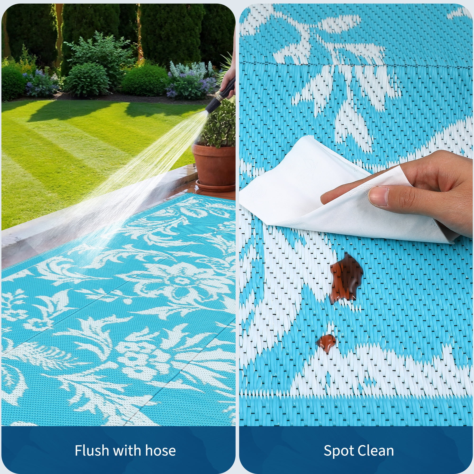 Waterproof Outdoor Rug 8x10 FT Reversible Plastic Straw Patio Mat, Lightweight Foldable Area Rug for RV Camping, Deck, Backyard, Porch, Beach, Picnic, Blue & White