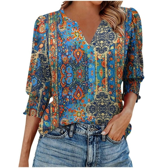 Ruimatai Women's Casual 3/4 Sleeve Blouse with Smocked Cuffs Floral Printed Tunic Top Comfortable Stretch Fit Fashion Summer Shirt