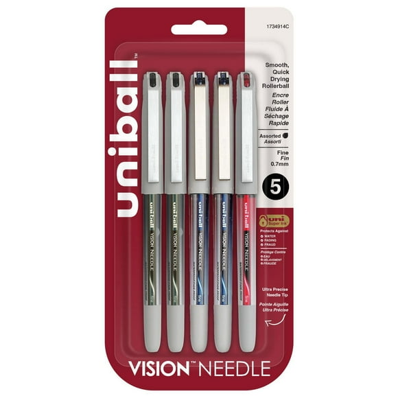 uniball™ Vision Needle Rollerball Pens, Fine Point (0.7mm), Assorted Colors, 5 Pack