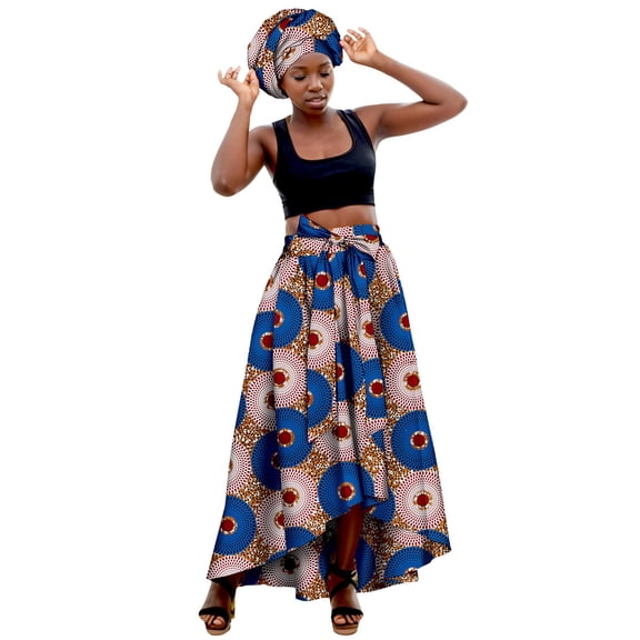 Long Skirts for Women Bohemian Print Flowy Maxi Skirt African Style with Head Wrap Scarf Blue L