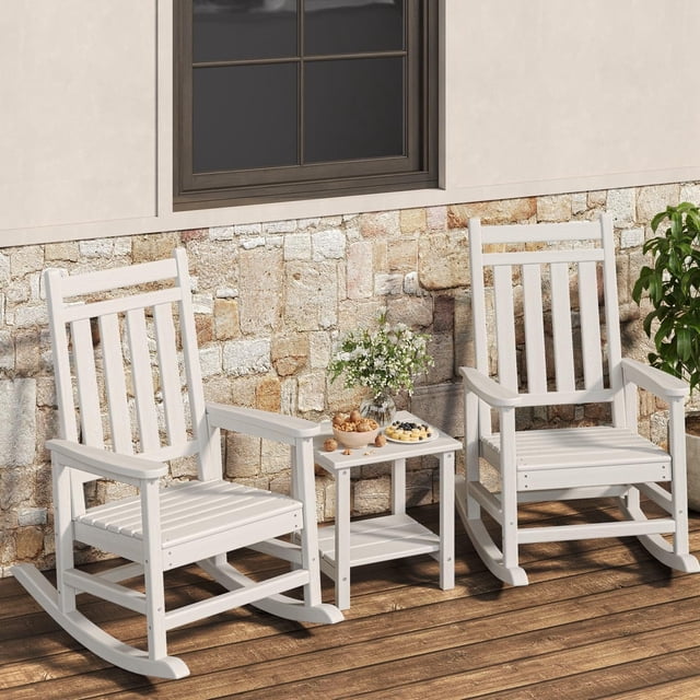 YUSAZENS Lumber Rocking Chair Outdoor HDPE High Back Porch Rocker Chairs for Adults All Weather Resistant Furniture for Patio Garden Deck White 2pcs with Table