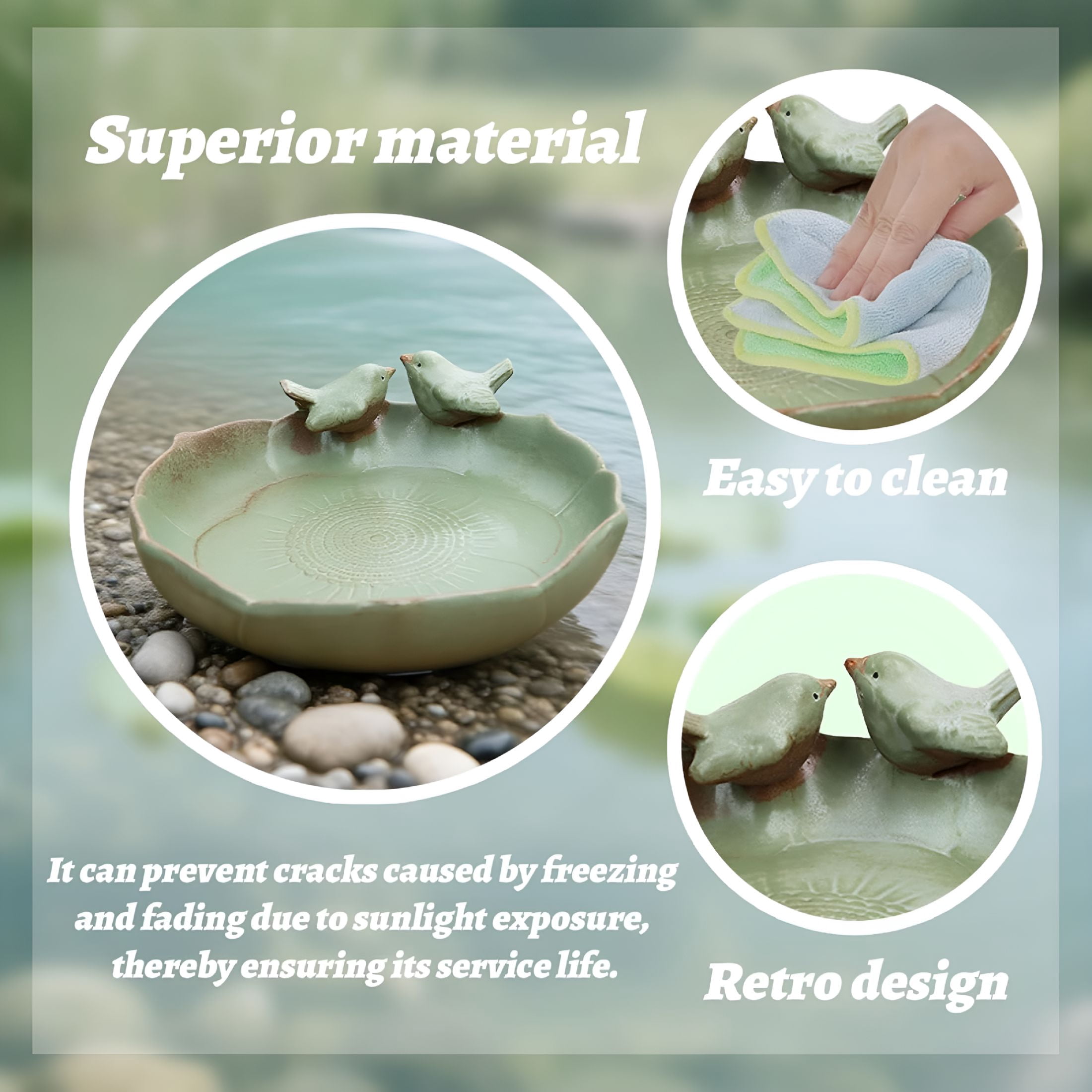 ACDANC Green Ceramic Bird Bath Bowl-9.45-Inch Ceramic Bird Baths for Outdoors,Durable Ground Bird Bath Bowl Ideal for Garden,Tabletop,Deck,Balcony&Lawn Use