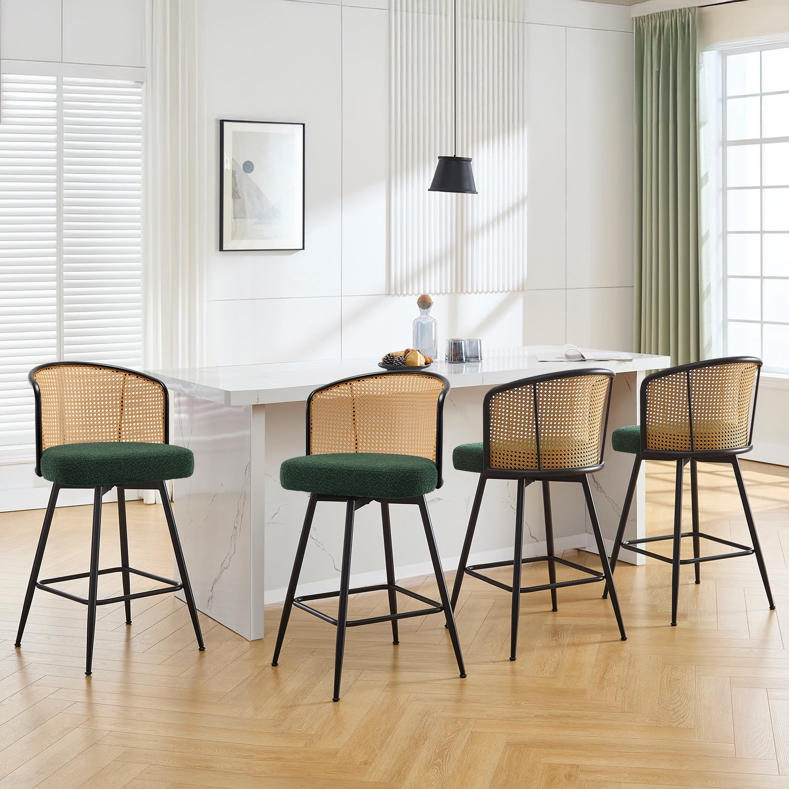 Foreate Cane Swivel Barstools Set of 2, 26" Seat Counter Height w/ Rattan Mid-Back Metal Legs, Upholstered Boucle Fabric Modern Armless Bar Stools Chairs for Kitchen Island Pub